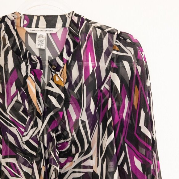 Diane Von Furstenberg Silk Ruffle Geometric Abstract Blouse Womens Size 2 - Picture 2 of 9